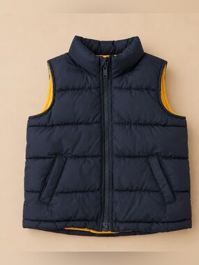 Old Navy Toddler Boys Puffer Vest 3T Navy Blue Yellow Fleece Lined